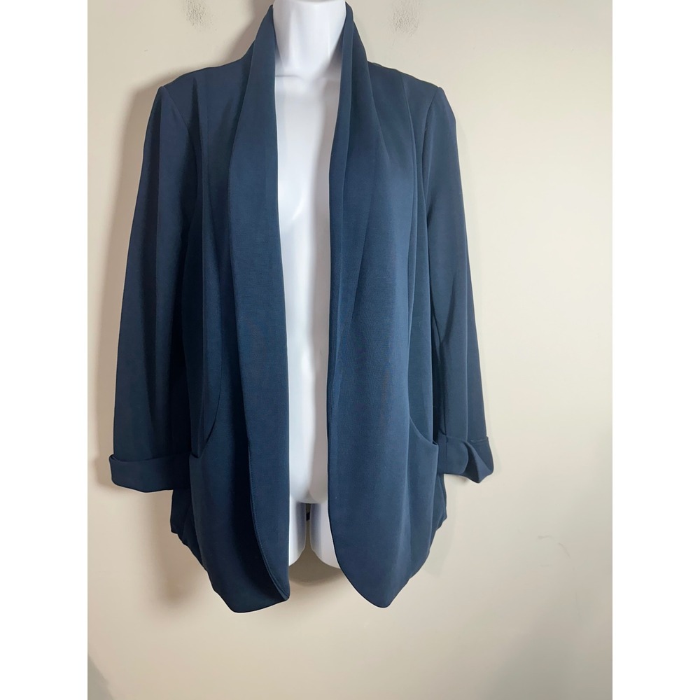 Skies Are Blue Soft Tunic Blazer Navy Blue Open Front Shawl Collar Size L NWT